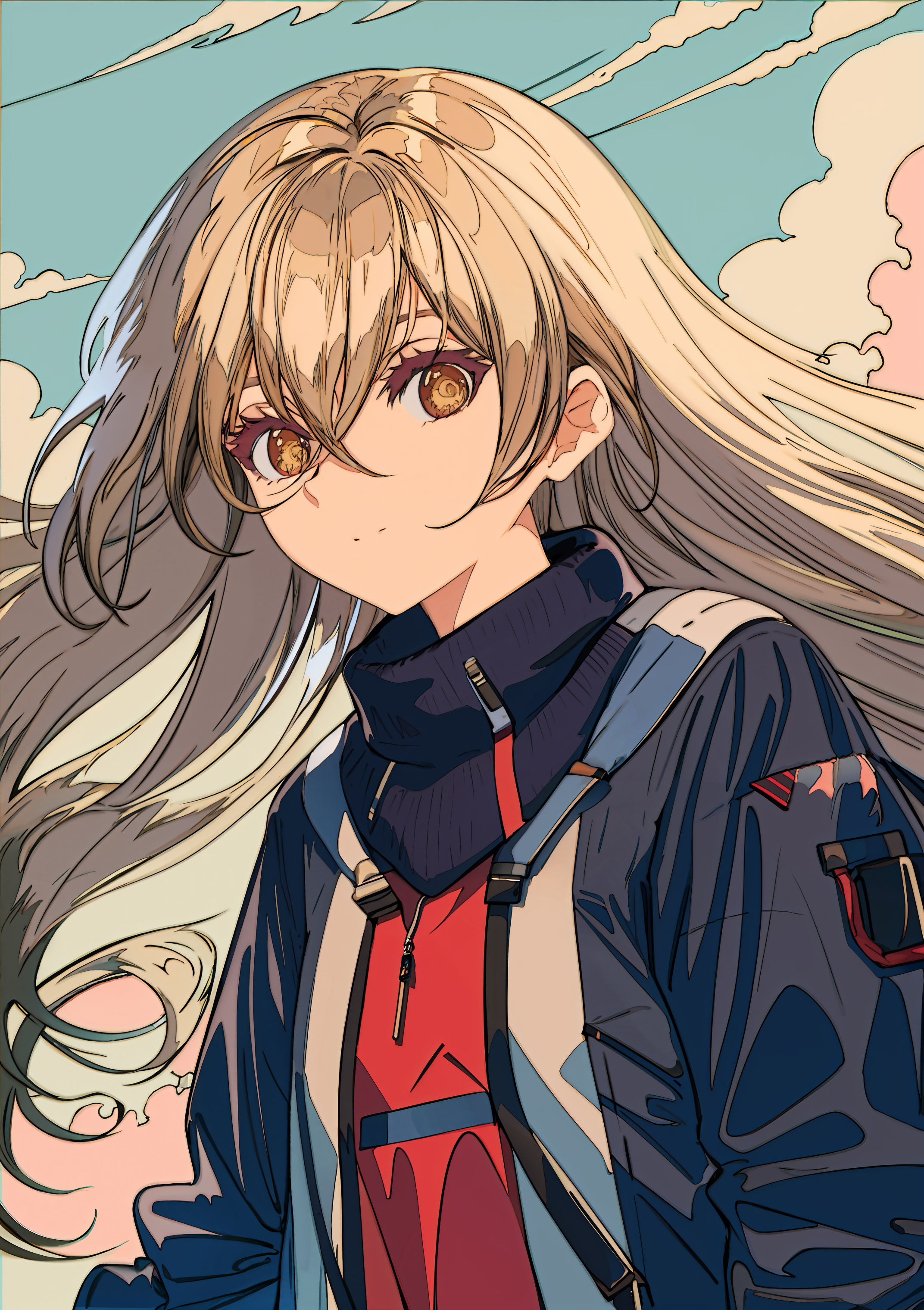 1238447-2030464736-1girl, solo, long hair, looking at viewer, cloud, hair between eyes, orange eyes, sky, brown hair, jacket, upper body, long slee.png